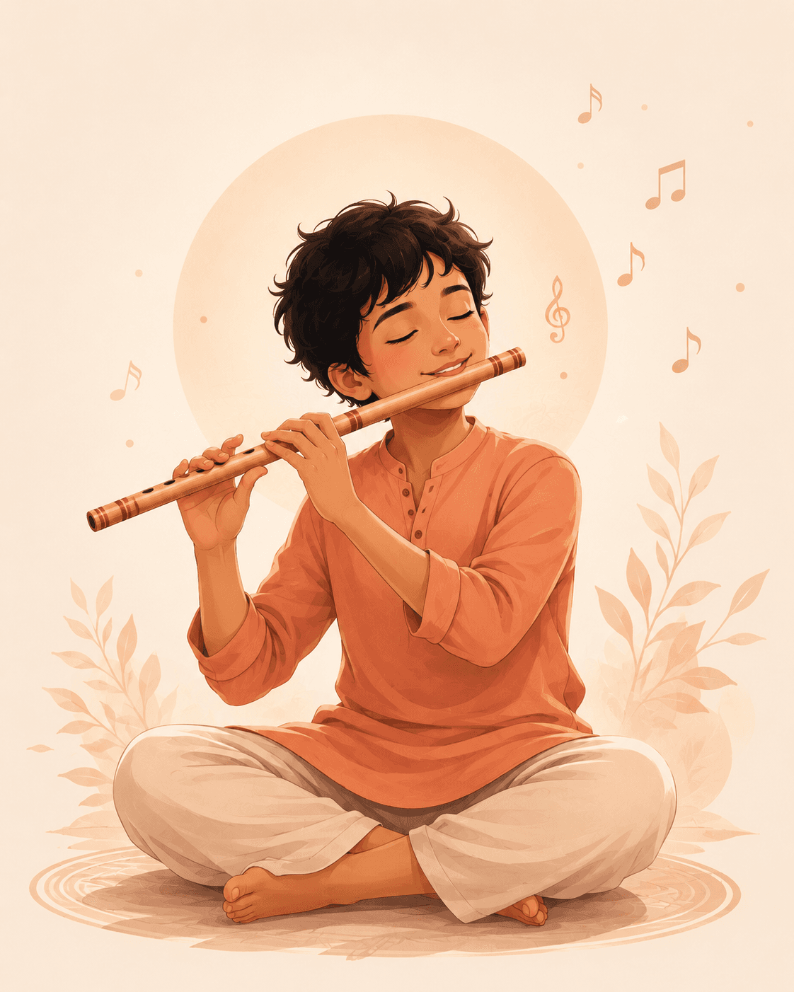 Illustration of a smiling child playing the bansuri cross-legged