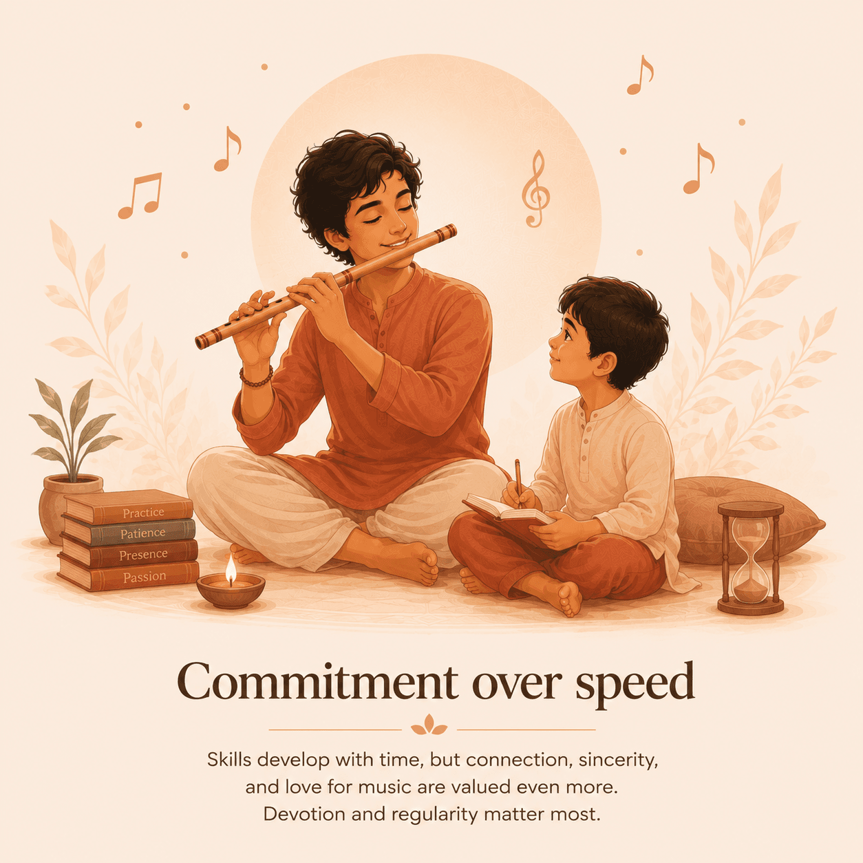 Commitment over speed — Skills develop with time, but connection, sincerity, and love for music are valued even more. Devotion and regularity matter most.