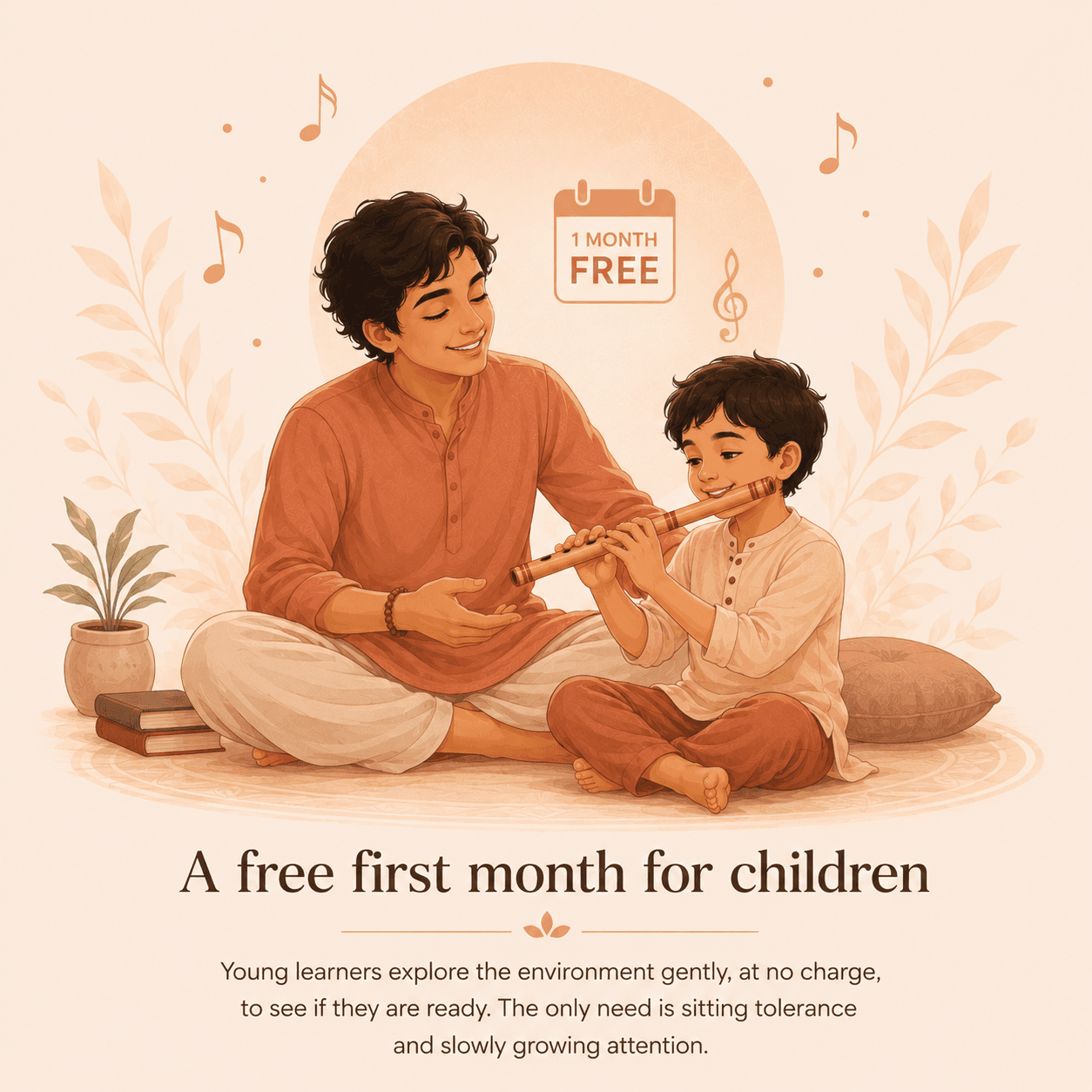 A free first month for children — Young learners explore the environment gently, at no charge, to see if they are ready. The only need is sitting tolerance and slowly growing attention.