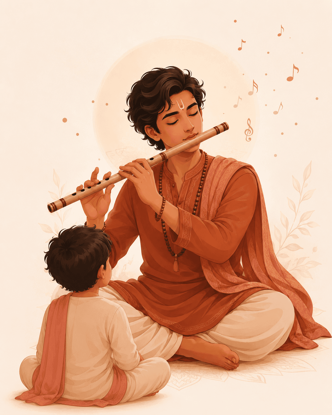 Illustration of a guru playing the bansuri in the Krishna pose while a young disciple listens